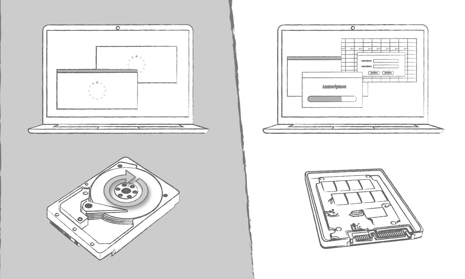 Una ilustración que demuestra los beneficios de una SSD en comparación con una unidad de disco duro cuando corresponde a los tiempos de carga del programa informático