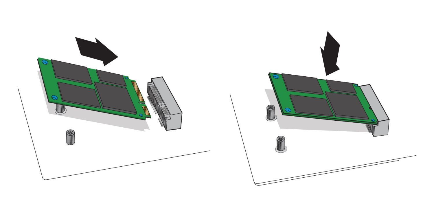 Una ilustración para demostrar cómo una unidad SSD mSATA se inserta en  el enchufe de mSATA en la  motherboard de una computadora de escritorio