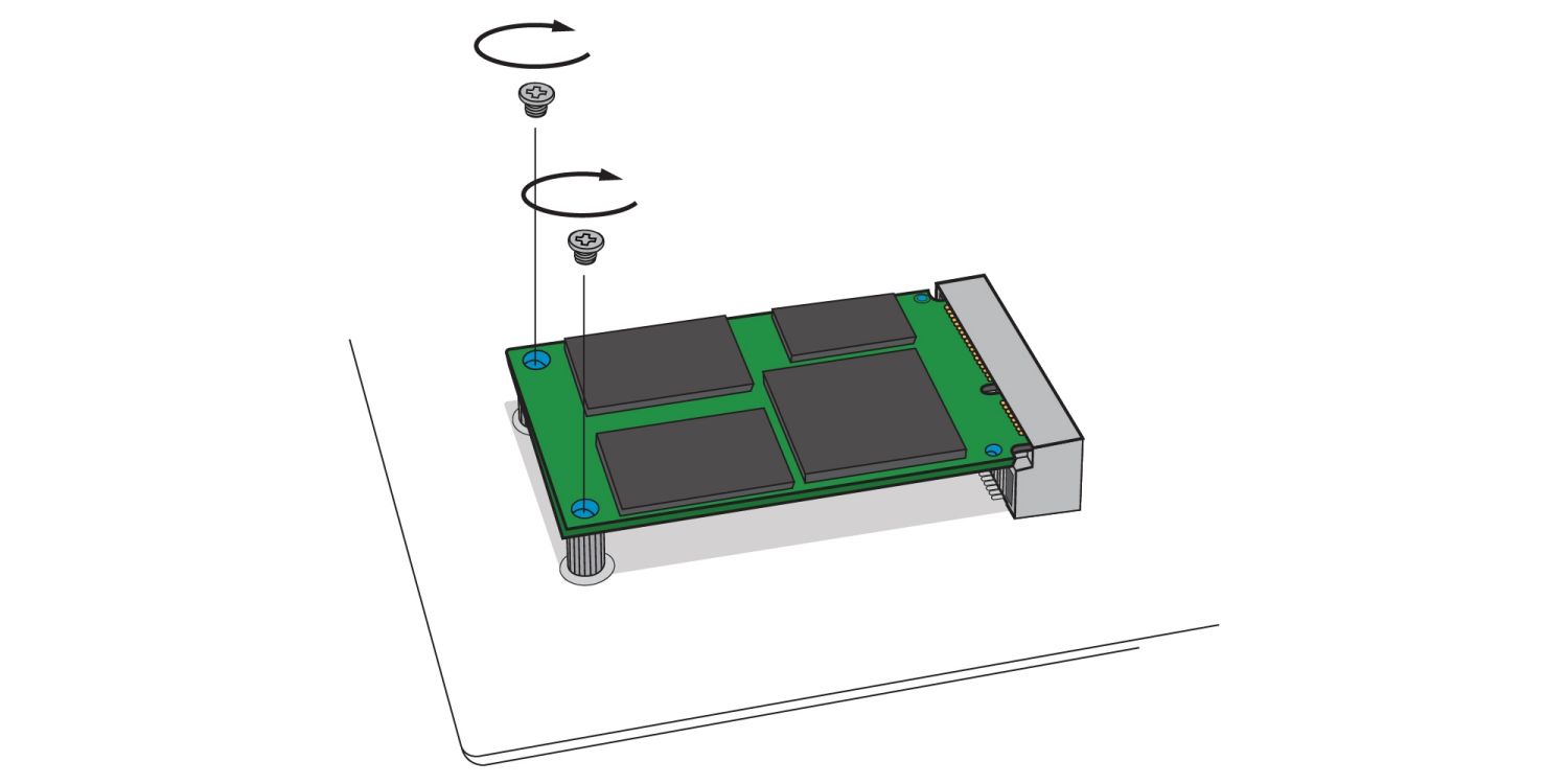 Una ilustración para demostrar cómo atornillar una unidad nueva de SSD mSATA en el enchufe de mSATA de la motherboard de una computadora de escritorio