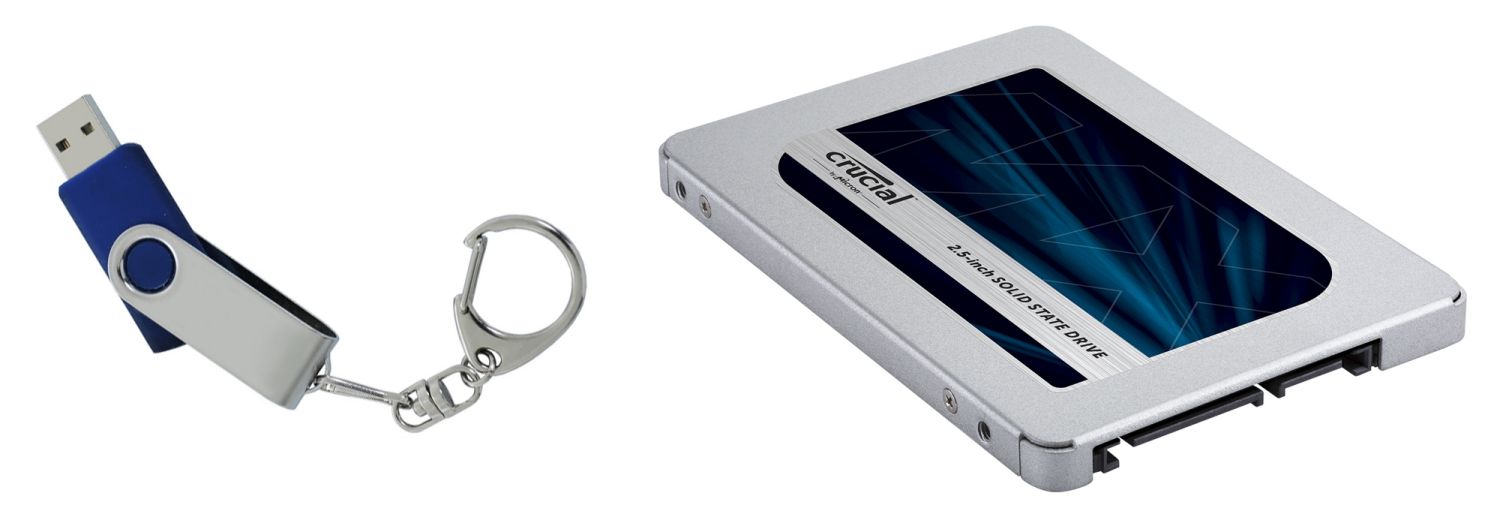 Los dos ejemplos de almacenamiento no volátil incluyen una unidad flash USB y una SSD Crucial