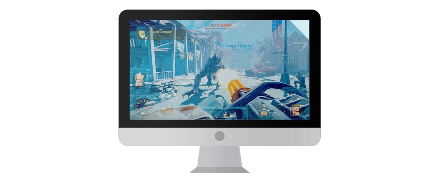 Monitor de computadora Mac con función de videojuegos en la pantalla.