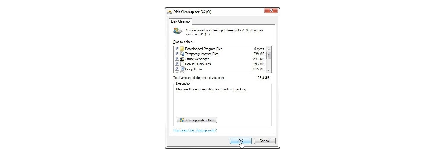 Ventana emergente de limpieza de disco para SO de Windows 7